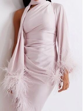 PatBO Blush Pink Feather-Trim Midi Dress